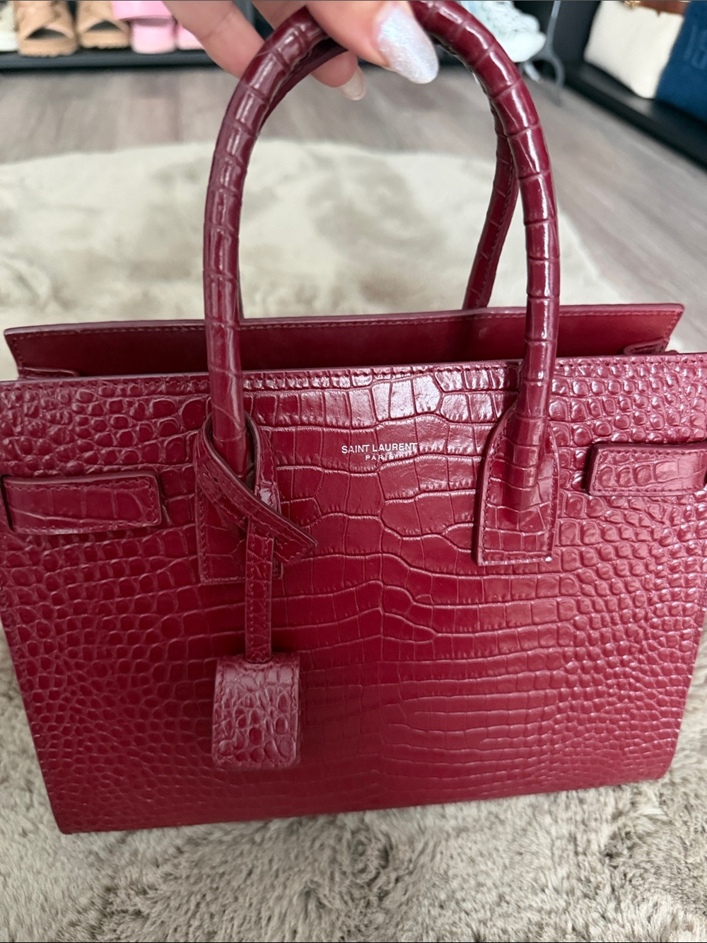 Yves Saint Laurent Croc-Embossed Crossbody Bag in Deep Red